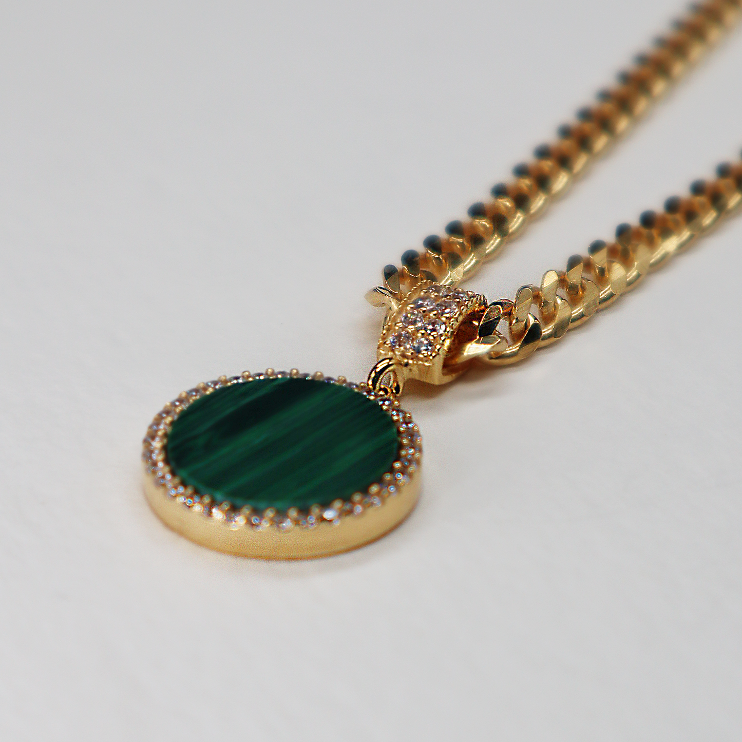 Malachite Round Charm Necklace with Curb Chain