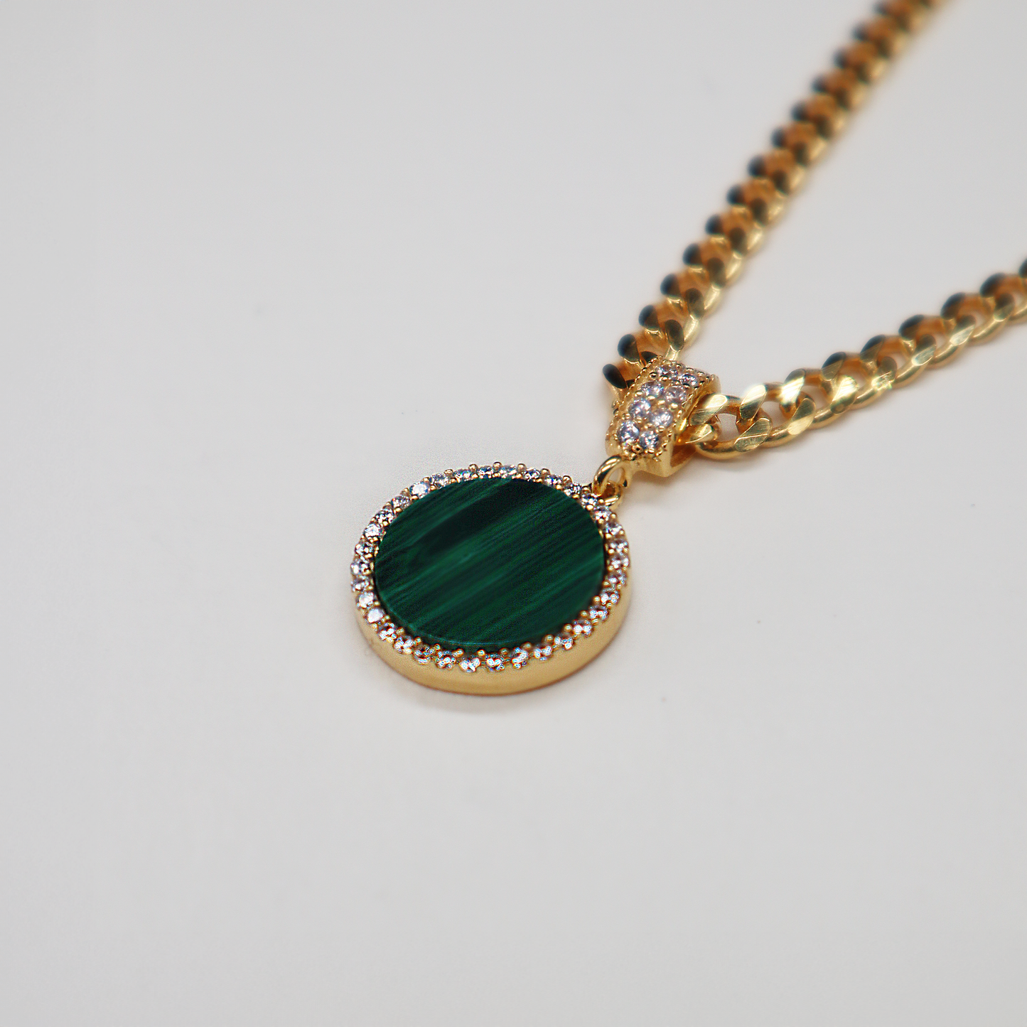 Malachite Round Charm Necklace with Curb Chain