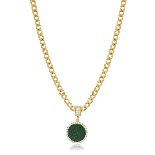 Malachite Round Charm Necklace with Curb Chain